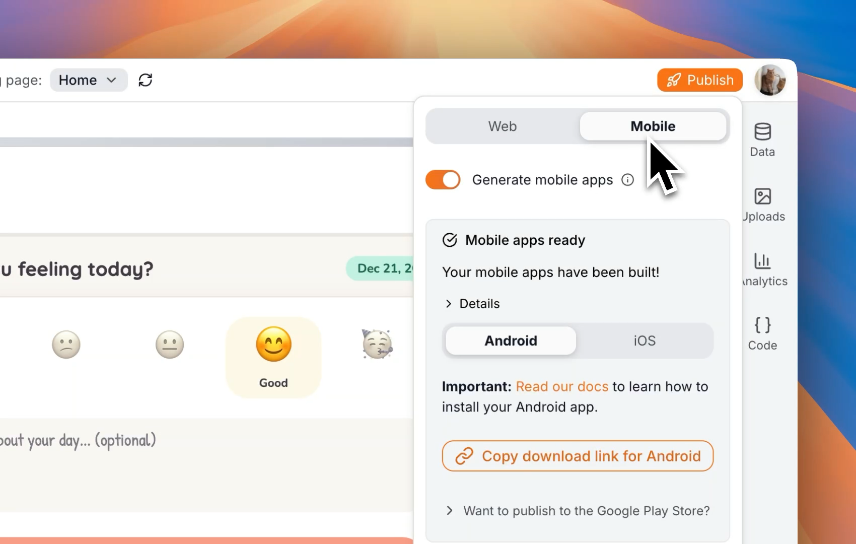 Mobile app export
